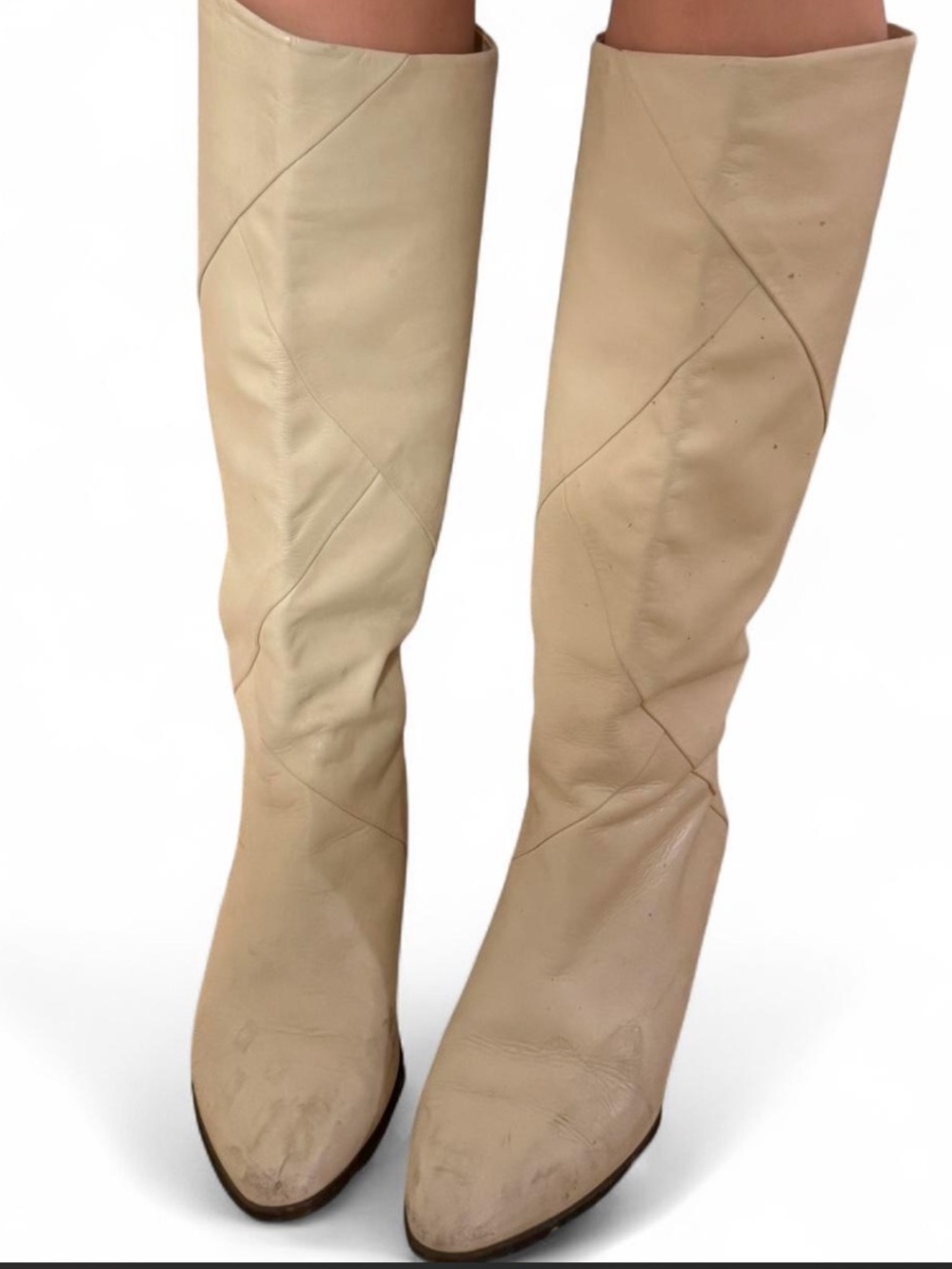 Cream Knee-High Leather Boots - Women's Classic Riding Style